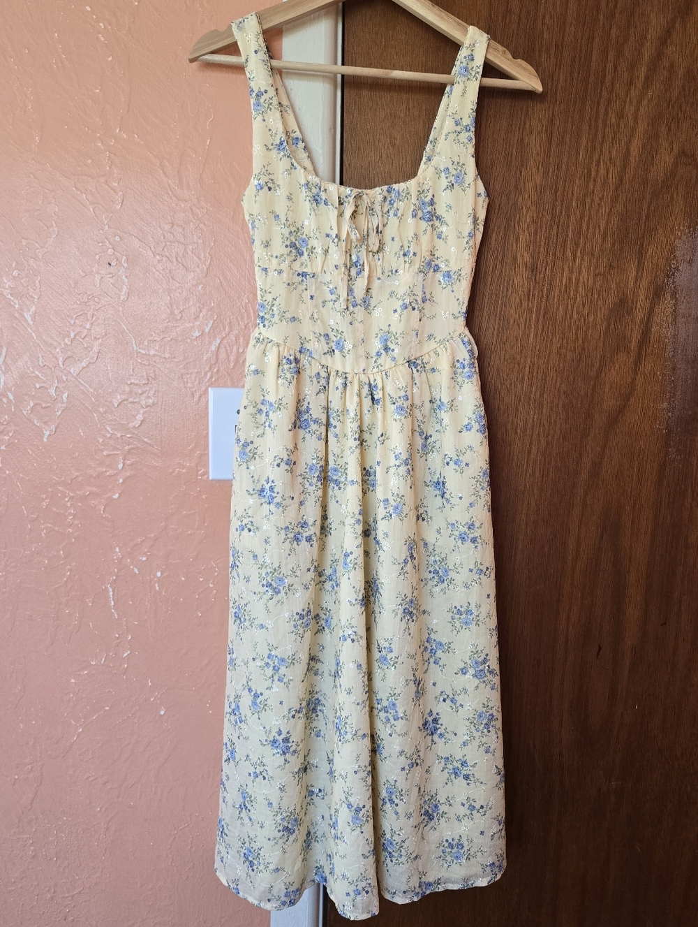 Thirty Thirty Yellow Floral Midi Dress with Blue Flowers XS